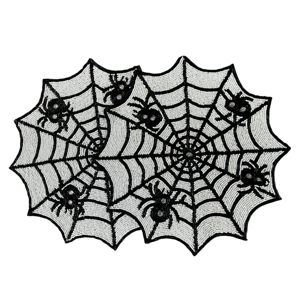 2pc Rachel Zoe Halloween Spider Web Beaded Placemat Charger 15in Black & White